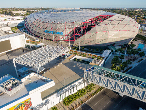 Aerial Drone View of Intuit Dome, Home of the NBA Los Angeles Clippers