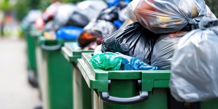 Overflowing garbage bins line an urban street with plastic bags full of waste