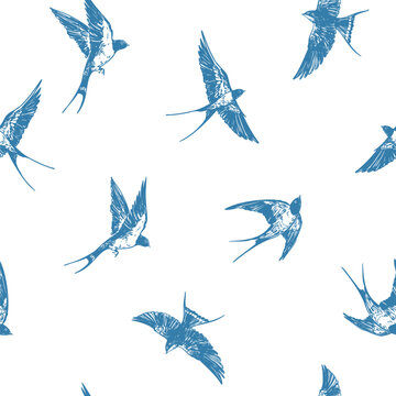 Swallows flying, hand-drawn sketch, transparent background, seamless pattern