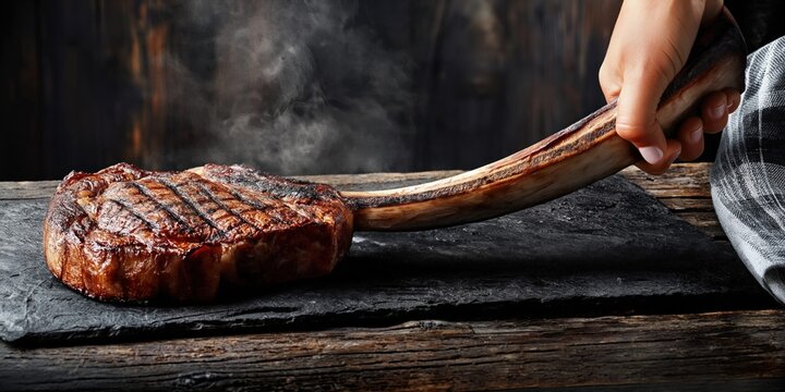 Young woman's hand holding a perfectly grilled tomahawk steak on a slate plate