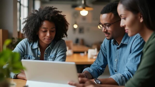Multiracial colleagues discussing startup project and smiling during workday in office interior.