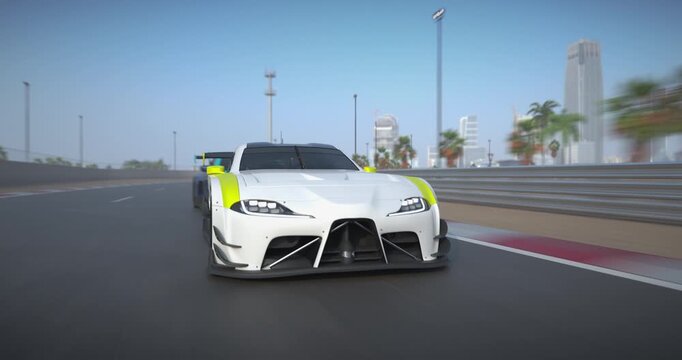 GT3 Gran turismo race cars drive side by side on a racing track, front view with motion blur, urban skyline and palm trees in background, high speed motorsport action