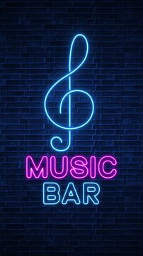 Neon Music Bar Sign with Treble Clef on Brick Wall animation,Glowing Nightclub Logo for DJ Events, Live Music Venues and Party Promotions vertical social media motion background
