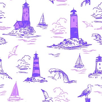 Lighthouses, seamless pattern, seaside marine, seagulls, doodle, monochrome illustrations, hand-drawn sketches.