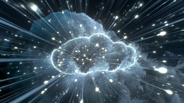 Bright energy particles exploding outward in abstract style on dark background, concept of cosmic expansion and dynamic motion