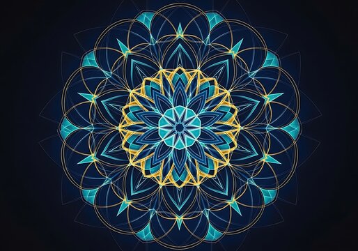 Intricate blue and gold mandala design with geometric patterns and shapes