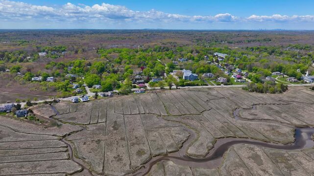 Peggotty Beach and historic waterfront houses aerial view in town of Scituate, Massachusetts MA, USA. 