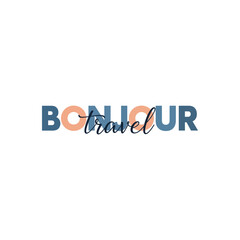 Bonjour travel logo in blue and orange typography on white background for travel branding © DULABA Stock
