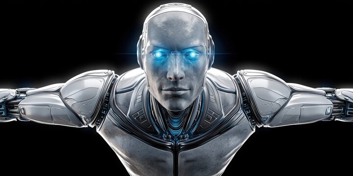 Advanced humanoid robot with glowing blue eyes and sleek mechanical arms against a dark background