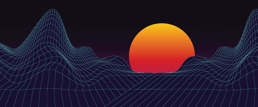 Retro background futuristic landscape 1980s style. Digital retro landscape cyber surface. 80s party background . Retro 80s fashion Sci-Fi Background Summer Landscape.