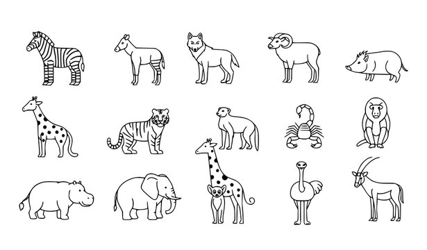 Wildlife animal outline icons set with zebra giraffe elephant and safari animals vector isolated on white