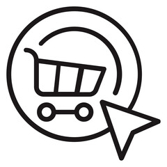 Minimalist black line art vector icon illustration of a shopping cart inside a circle with a mouse cursor arrow, symbolizing online shopping, e-commerce, digital retail, and web purchasing. © MdMostafizur