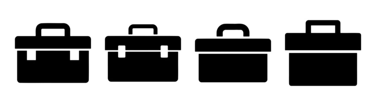 Black toolbox icon set, industrial tool box silhouettes, 4 repair kit vector symbols