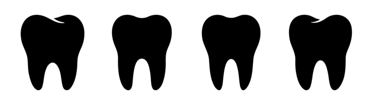 Dental tooth silhouette icons, black molar tooth set, 4 dental vector elements for logos