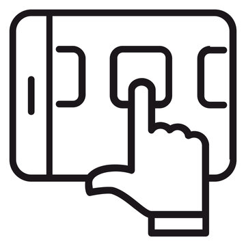 Hand Touching Digital Tablet Screen Vector Icon Illustration, Minimalist Black Line Art Symbol of User Interaction, Mobile App Navigation, Touchscreen Technology and Interface Design