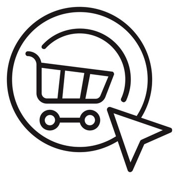 Minimalist black line art vector icon illustration of a shopping cart inside a circle with a mouse cursor arrow, symbolizing online shopping, e-commerce, digital retail, and web purchasing.