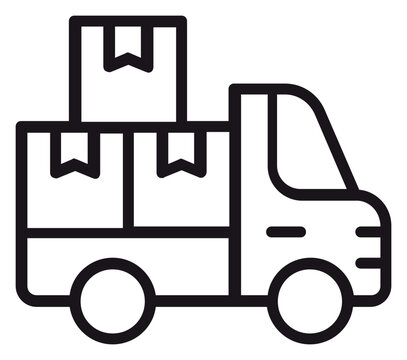 Delivery truck vector icon with cardboard boxes on the back, representing logistics, shipping, freight transportation, moving services, and e-commerce distribution, minimalist line art.