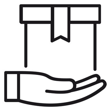 Hand holding a gift box vector icon, minimalist black line art illustration of a present being offered or delivered, symbol for charity, donation, e-commerce service, and special gift offers.