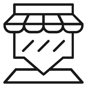 Store location vector icon illustration. Black line art symbol of a shop with an awning on a map pin marker, representing retail business navigation and local commerce on a white background.