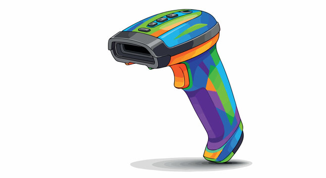 Colorful handheld barcode scanner device with vibrant design elements