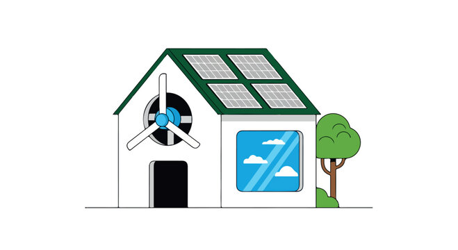 A small house powered by renewable energy sources like solar and wind