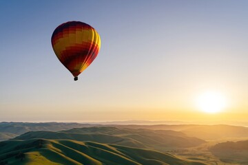 Naklejka premium Hot Air Balloon Floats Above Green Hills During Sunset in the Evening Sky