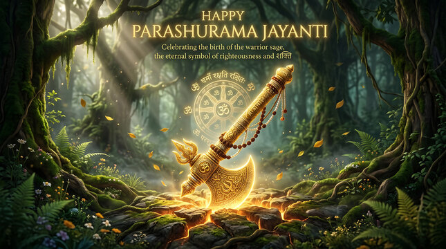 Happy Parashurama Jayanti - Parashurama's Axe in Enchanted Forest Dawn