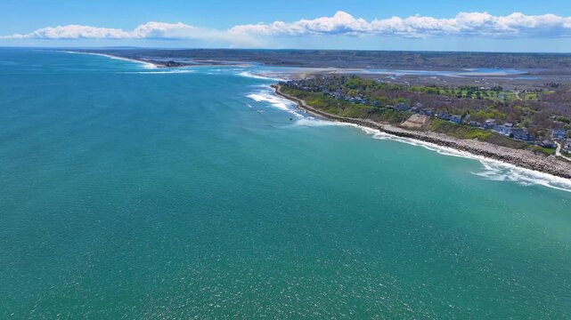 Peggotty Beach and historic waterfront houses aerial view in town of Scituate, Massachusetts MA, USA. 