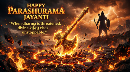 Obraz premium Happy Parashurama Jayanti - Parashurama's Axe in Fiery Desolation
