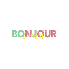Colorful Bonjour typography in pastel hues on white background for greeting card © DULABA Stock