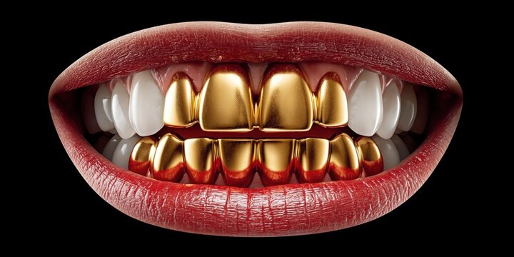 Close-up of a person's mouth with shiny gold grills on their teeth