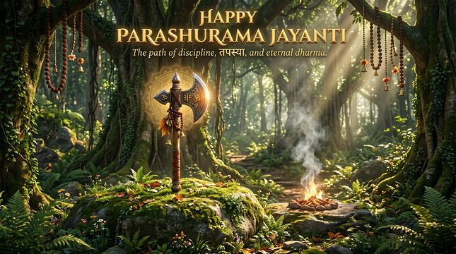 Happy Parashurama Jayanti - Wide Shot Sacred Forest with Parashurama's Axe and Fire