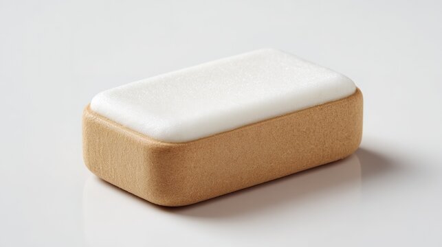 Rectangular, beige sponge with white foam on top.