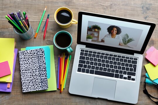 Workspace Setup With Laptop, Stationery, and Colorful Note Cards in a Well-Lit Room During Daytime