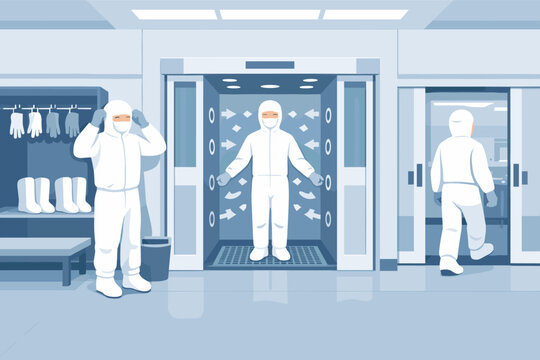Workers in Protective Hazmat Suits Entering a Sterile Cleanroom through an Airlock and Air Shower Chamber for Decontamination in a Pharmaceutical Laboratory or Semiconductor Manufacturing Plant