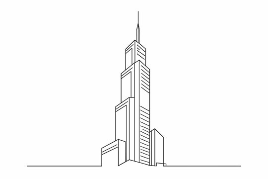 Continuous line art drawing of a modern skyscraper tower, minimalist architectural design featuring a tall city building with a spire, simple black and white vector illustration for urban decor.