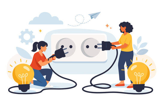 Two Women Plugging Electric Light Bulbs into a Large Wall Socket, Creative Metaphor for Inspiration, Insight, Idea Generation, Innovation, Energy, and Collaborative Problem Solving Illustration
