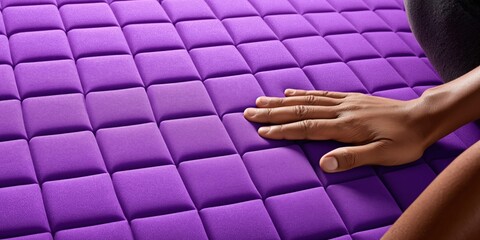 Fototapeta premium Close-up of a hand touching a plush purple mattress with a quilted square pattern
