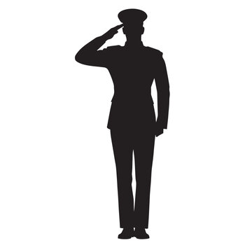 Military soldier silhouette saluting in uniform, army officer standing at attention, black vector man in formal service dress for memorial day