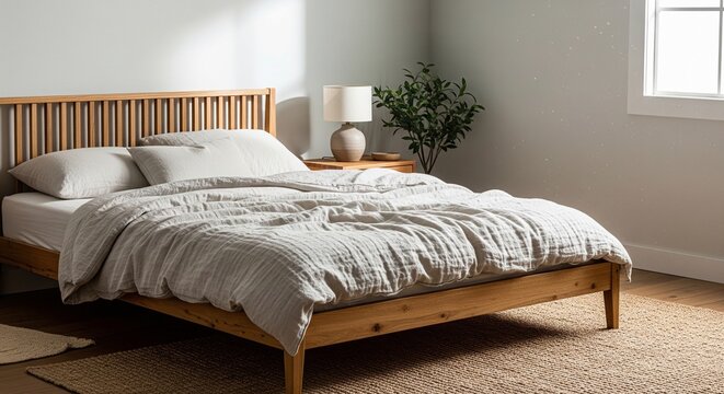 Contemporary bedroom with a light wood slatted headboard, neutral bedding, and a small olive tree in the corner.