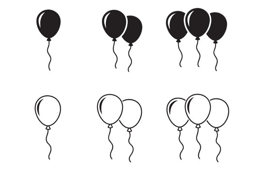 Minimalist balloon icon set, black silhouette and outline party balloons with strings, festive celebration vector elements for event design