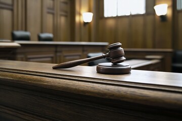 Obraz premium Setting in an American Courtroom With a Flag and an Empty Chair for a Witness