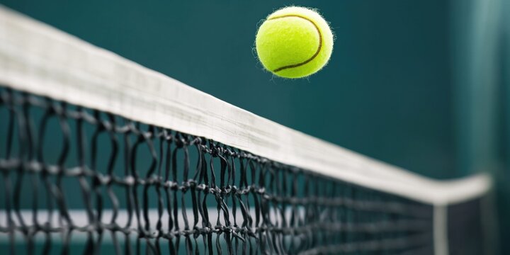 Tennis ball suspended in air just before hitting the net on a court