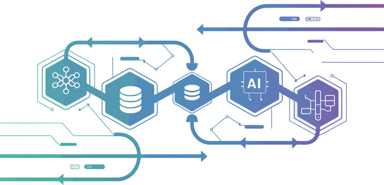 Abstract data flow with AI and database icons in a clean vector illustration