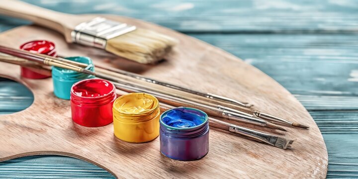 Artistic palette with colorful gouache paints and brushes ready for creativity