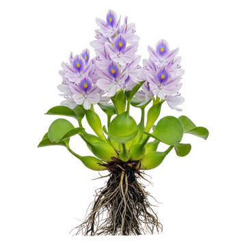 Water Hyacinth Plant with Roots and Purple Flowers on White Background.