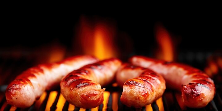Juicy sausages sizzling on a hot grill with flames licking the sides