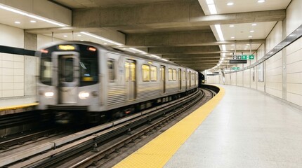 Fototapeta premium Subway train arriving at a modern underground station. Motion blur of a commuter train in a city transit tunnel