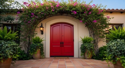 Fototapeta premium Red Doorway Adorned with Bougainvillea and Greenery in Mediterranean Style Entrance
