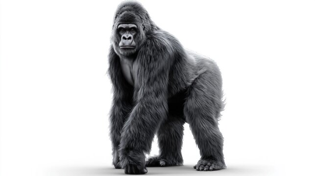 A majestic silverback gorilla stands powerfully on a clean white background